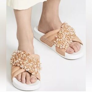 NEW Tory Burch Logan EMBELLISHED BEADS NATURAL TAN ROSE LEATHER SLIDE SANDALS